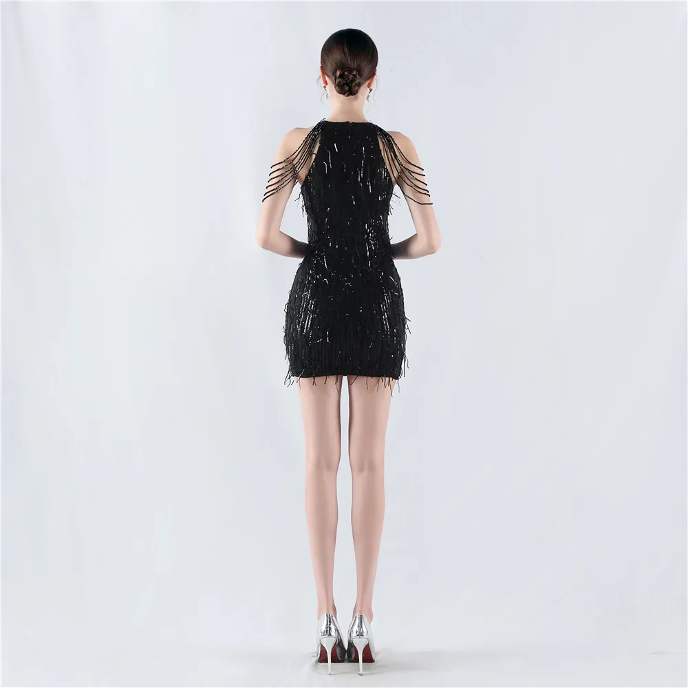 DEERVEADO Women's Mermaid Sequins Beaded Short Evening Dresses Elegant Cocktail Party Dresses with Tassel Formal Dress Gala image 2
