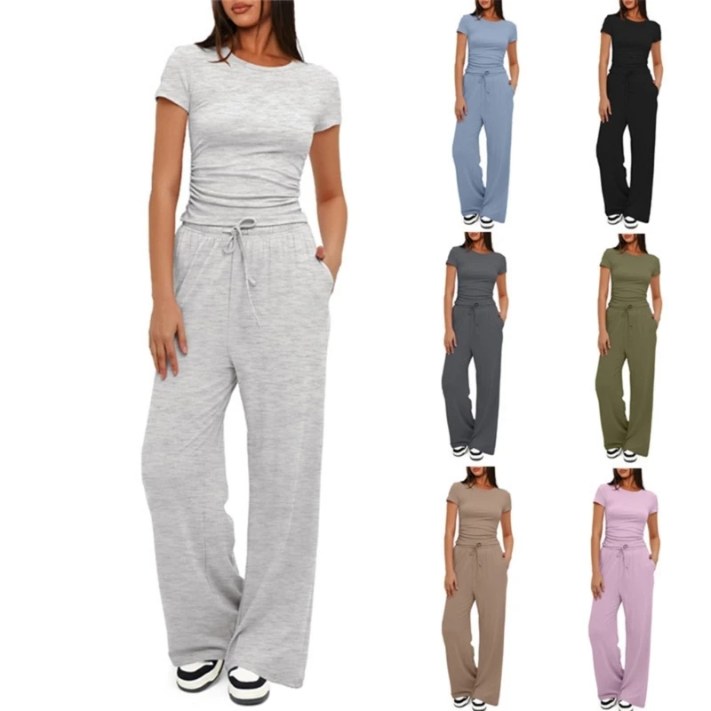 Modern Women 2 Piece Set Breathable Crop Top and Wide Leg Pants Simple Short Sleeve High Waist Trousers with Pockets