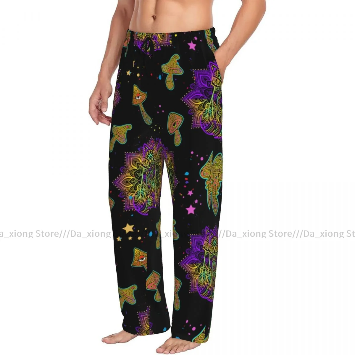 Mens Casual Pajama Long Pant Loose Elastic Waistband Fox Mandala Head Psychedelic Cozy Sleepwear Home Lounge Pants