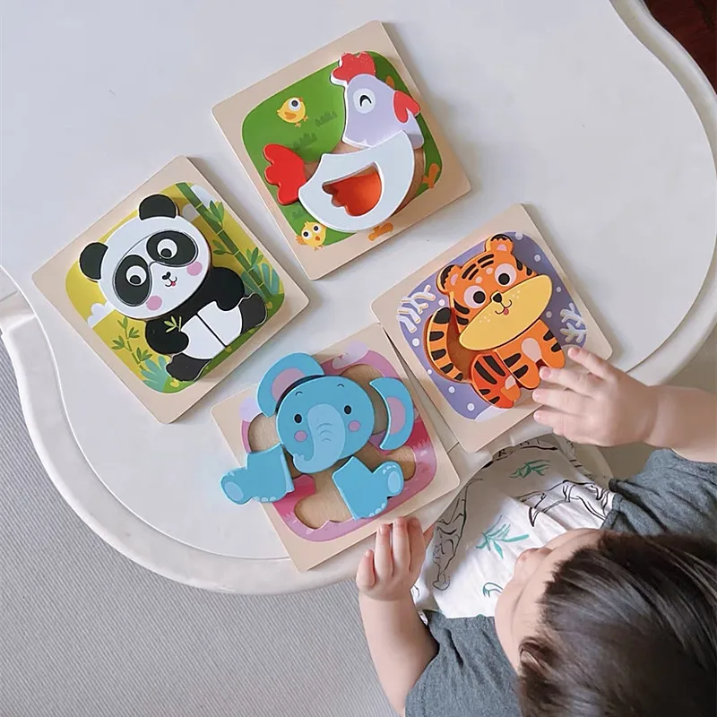 Drewniana tablica 3D dla dzieci Animal Puzzle dla dziecka Wczesna edukacja Montessori Zabawka Kreskówka Deska Łodyga Zabawki Gra stołowa Prezent dla