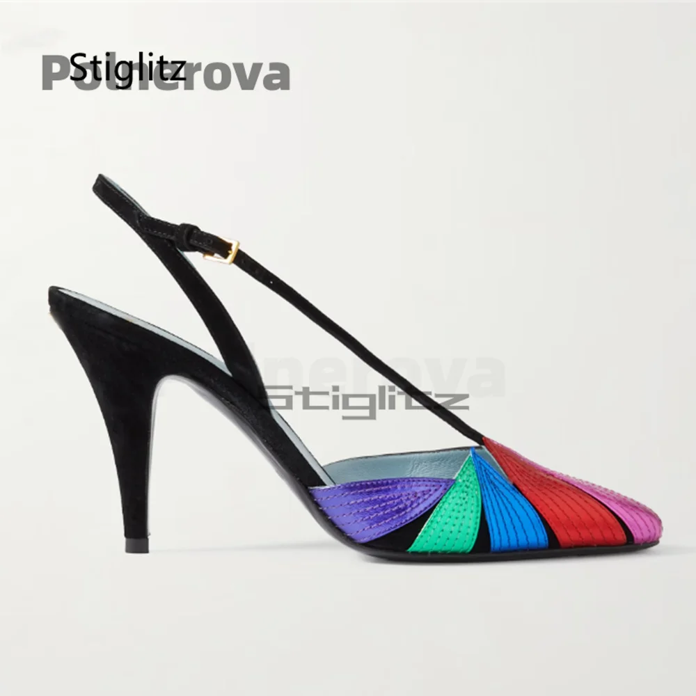 Color Leaf Stiletto Sandals Women Pointy Toe Back Buckle Strap High Heels Cross Straps Mixed Color Summer Concise Runway Shoes