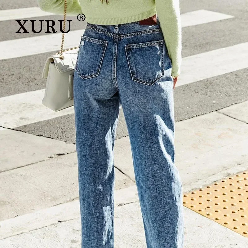 XURU-Loose Straight Cut Jeans for Women, High Stretch Pants, Casual Wear, European and American, K1-690, New