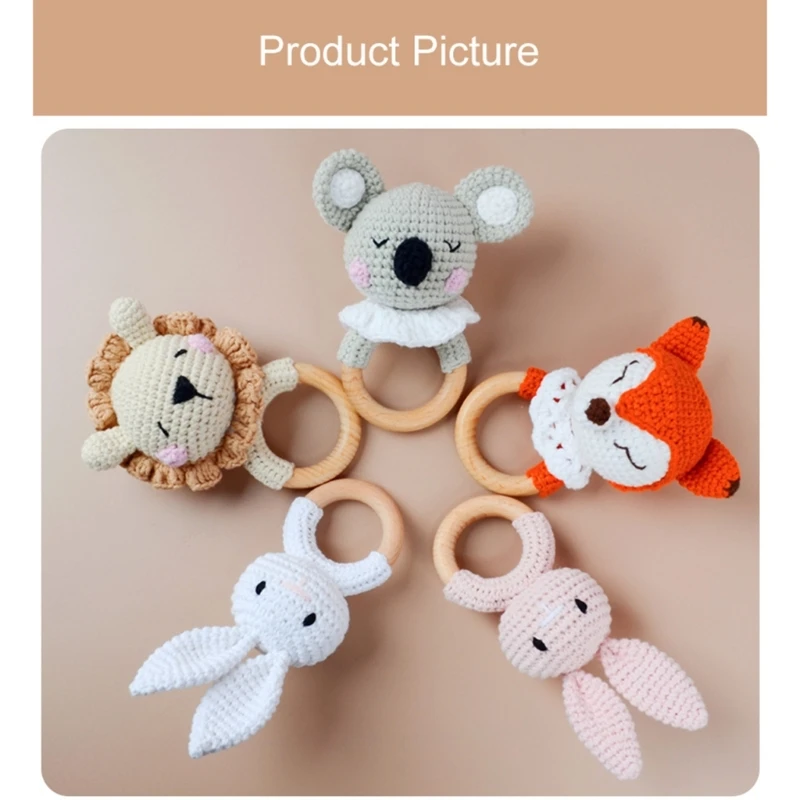 Baby Rattle Toy Wooden Teether Crochet Rattle Newborn Rattle Toy Crochet Teether Rattle Teething Ring Animal Rattle Toy