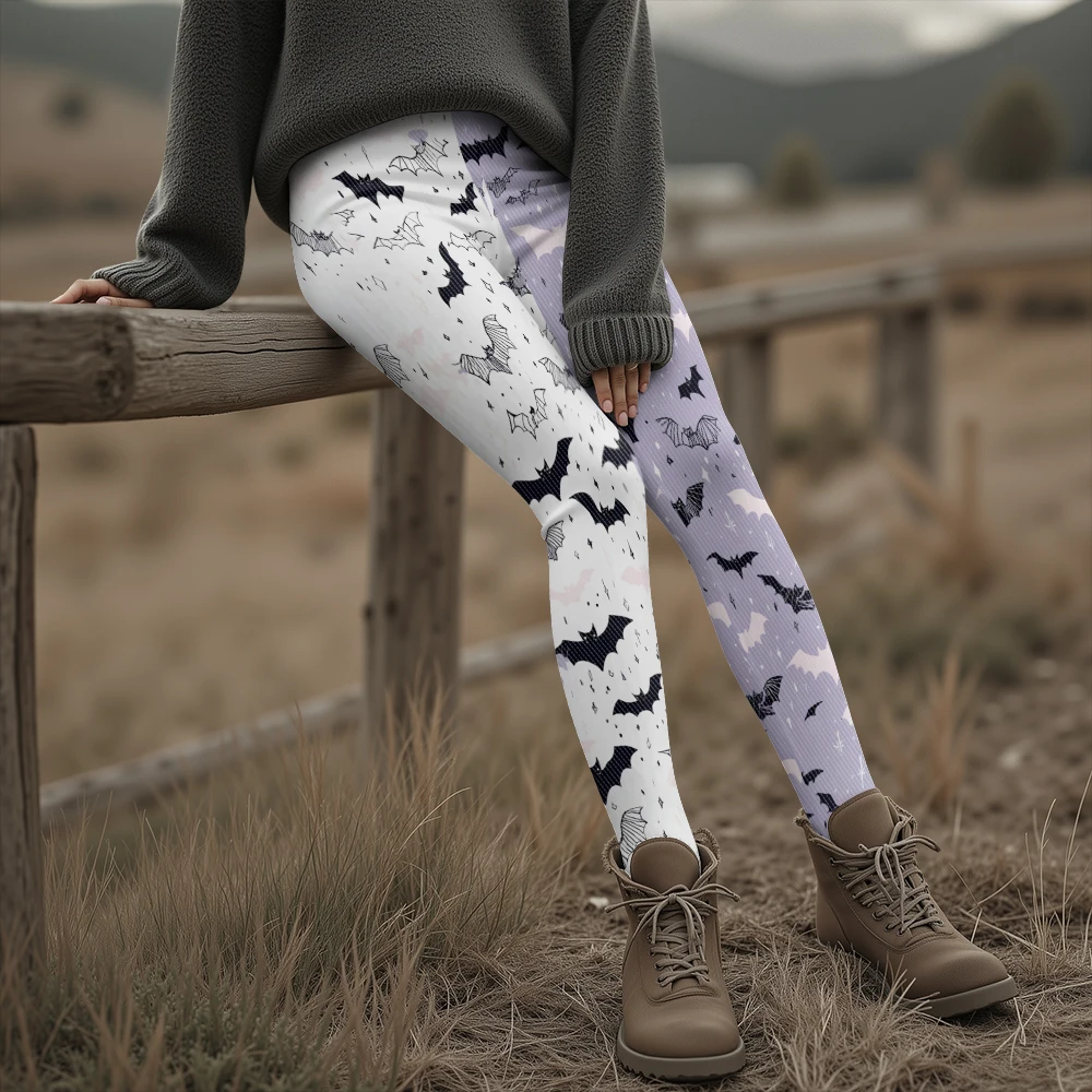 

Women's Two-Tone Bat Star Leggings Half White Half Purple Mysterious Gothic Print High Waisted Yoga Pants for Unique Fashion