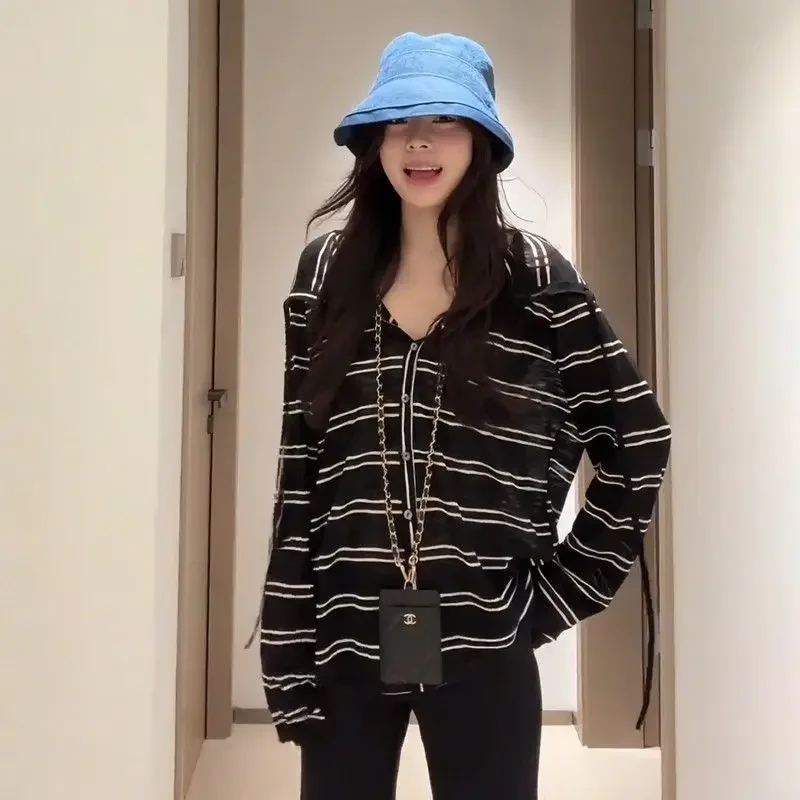 

Striped Cardigan T-shirt Lazy Loose Thin Sun Top Women's New Patchwork Long-sleeved Hooded