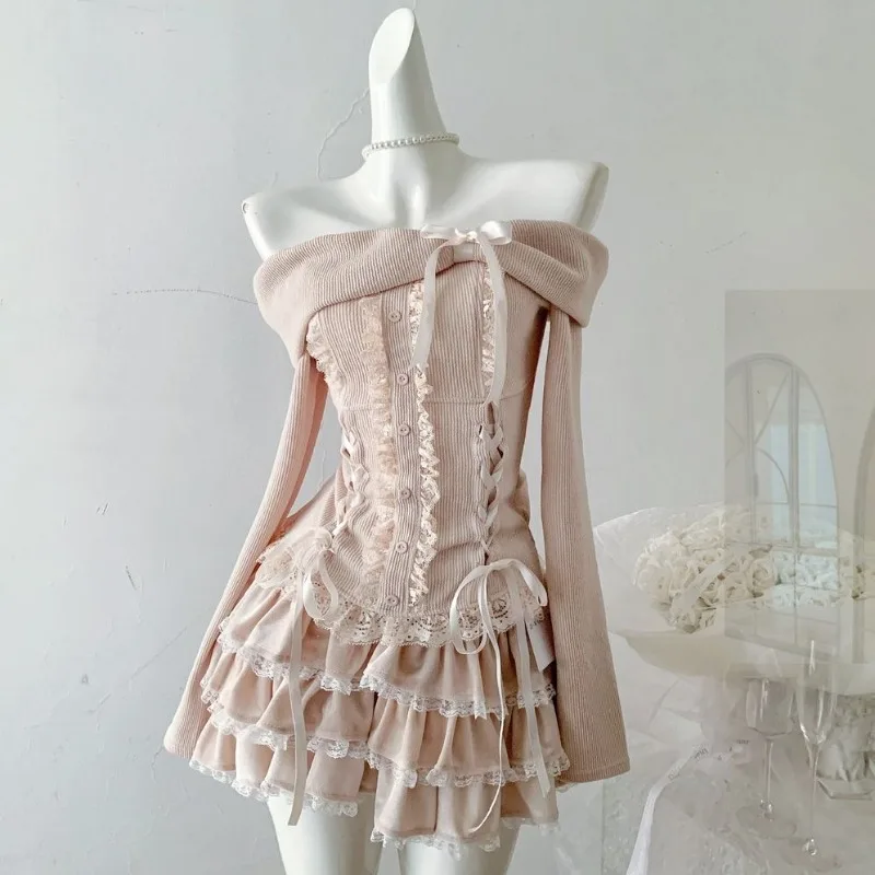 Sweet Cute Girl Spliced Lotus Leaf Edge Waist Cinching Slim Slash Neck Top High Waist Cake Skirt Two Piece Sets Pink New Clothes image 4