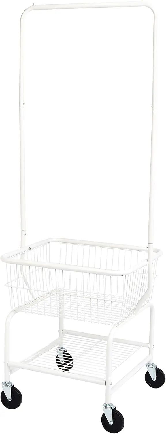 

White Laundry Hamper Cart with Wheels, Hanging Rack, and Durable Metal Frame for Easy Mobility
