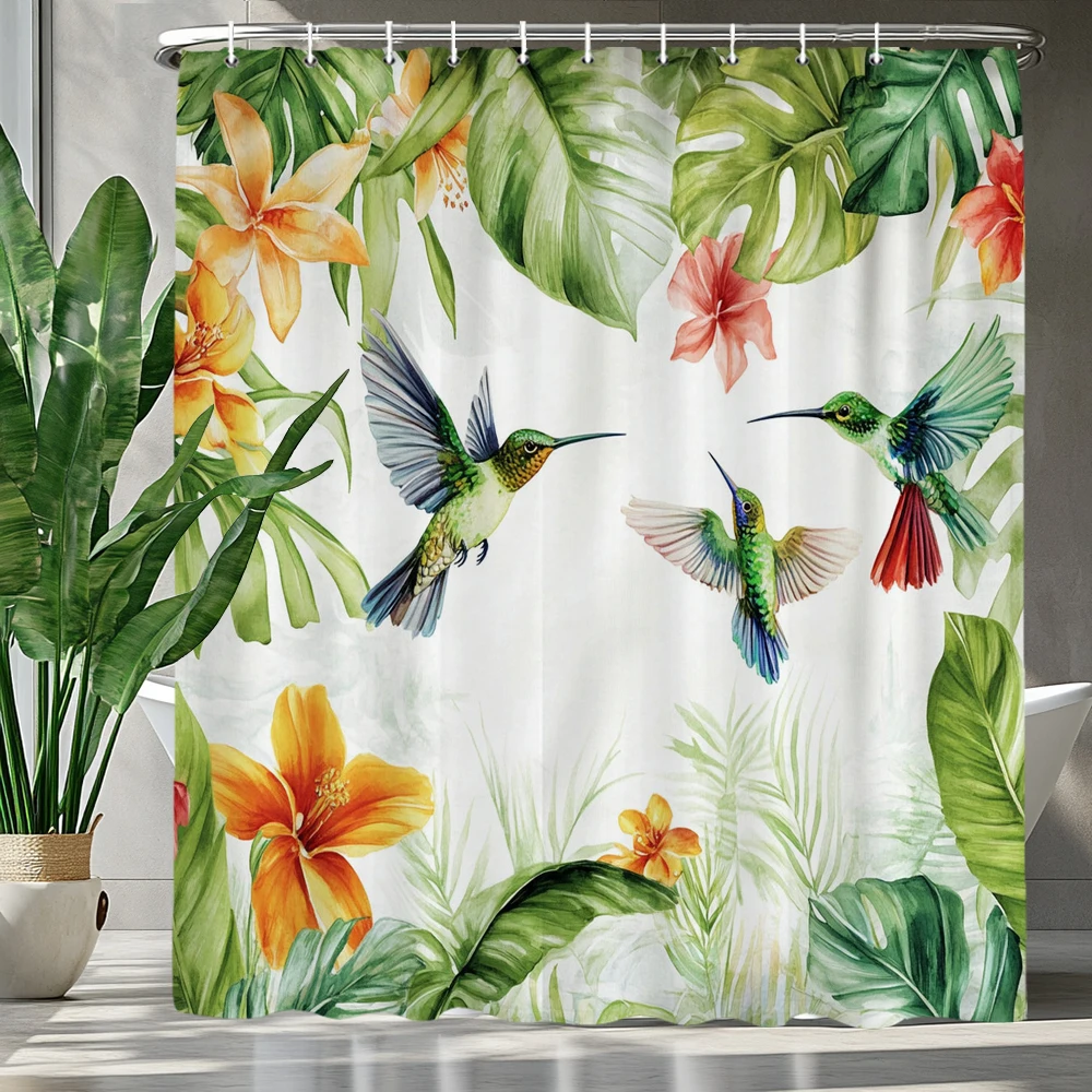 

Tropical Green Plants and Flowers Birds Shower Curtain, Bathroom Decorative Shower Curtain, Printing Shower Curtain with Hooks