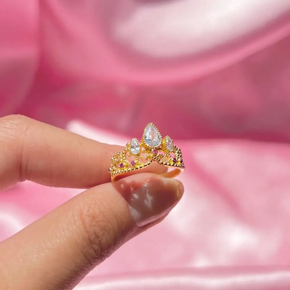 Elegant Adjustable Rapunzel Crown Rings Fashion Zircon Gold Plated Wedding Geek Jewelry Opening High-end Princess Ring Woman