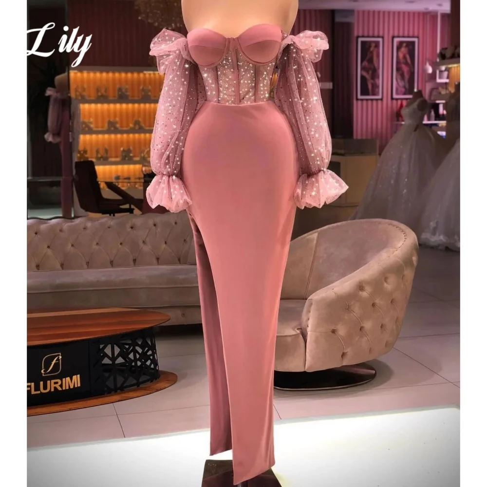 Lily Elegant Modern Style Prom Dress Sweetheart Backless Formal Gown for Woman Shiny Lantern Sleeve Evening Dresses Customized