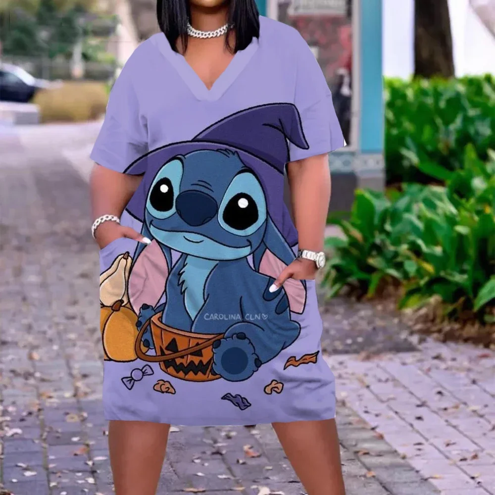 

Disney Stitch Anime Dress V Neck Fashion Loose Pajama Beach Dress Mid Pocket Gothic Short Sleeve Dress Elegant Sun Dress