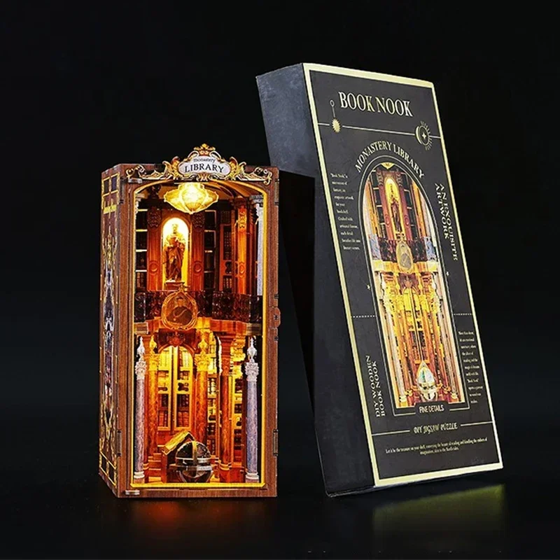 

Retro DIY Wooden Book Nook Figurines Miniature Kits Monastery Library Bookshelf Home Bookend Decoration For Adult Handmade Gifts
