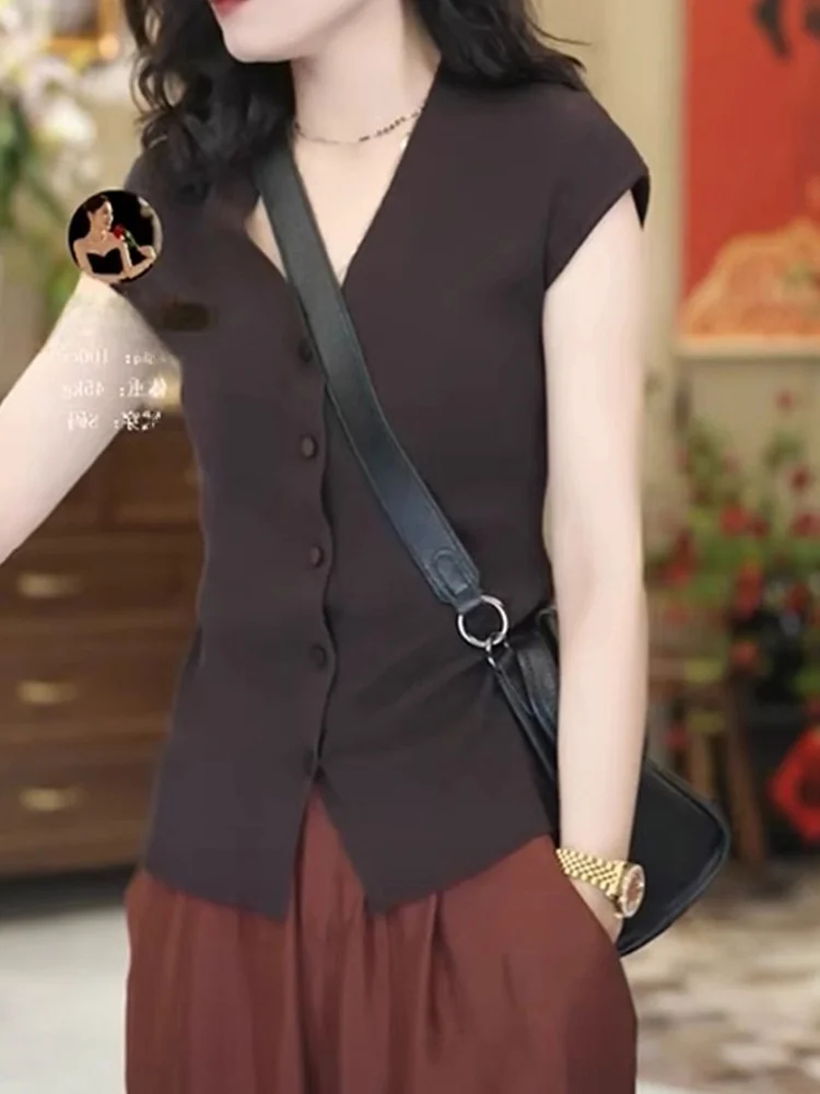 

Pure Color Simple Ice Silk V-Ne Knitted Vest Summer Vintage Anti-Aging Slimming Commuting Svel Top Versatile Button-Up