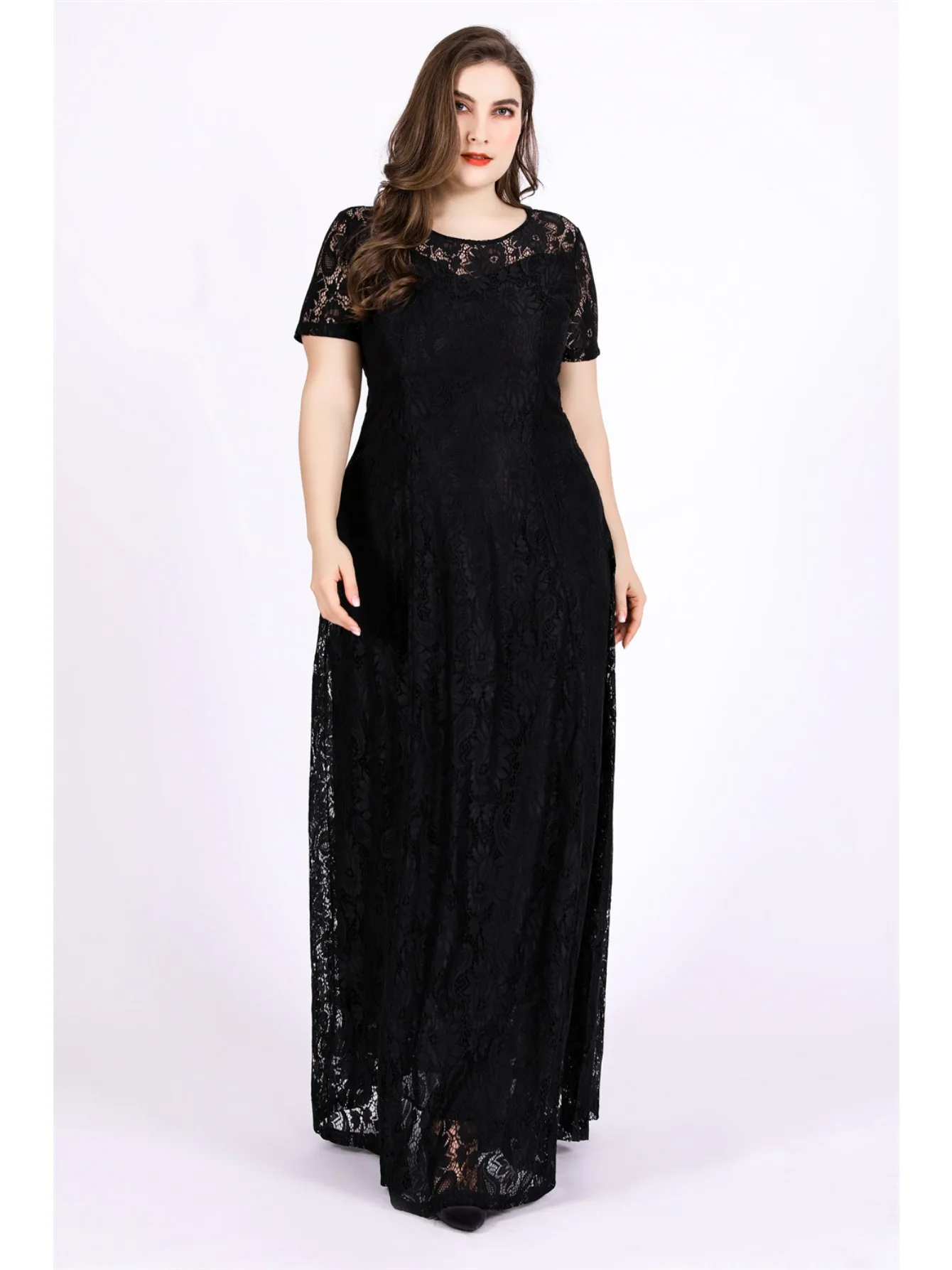 Plus Size Party Dress Women Summer Short Sleeve Lace Floral Hollow Out Sexy Evening Club Dresses Wedding Guest Long Dress