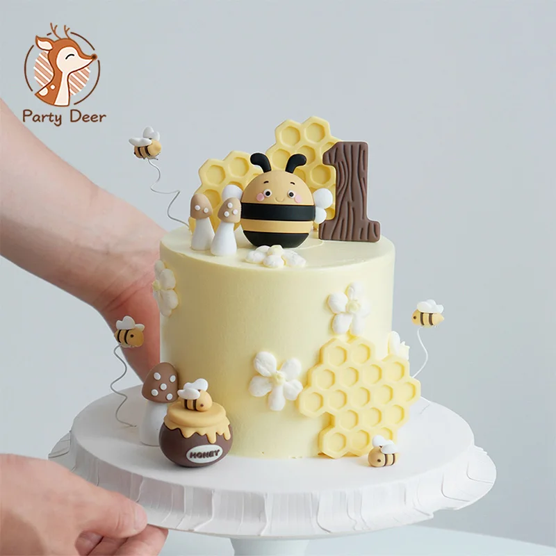 Cartoon Bee Animal Cake Toppers Honeycomb Felt Happy Birthday Sign Topper for Cake Decorating Gift