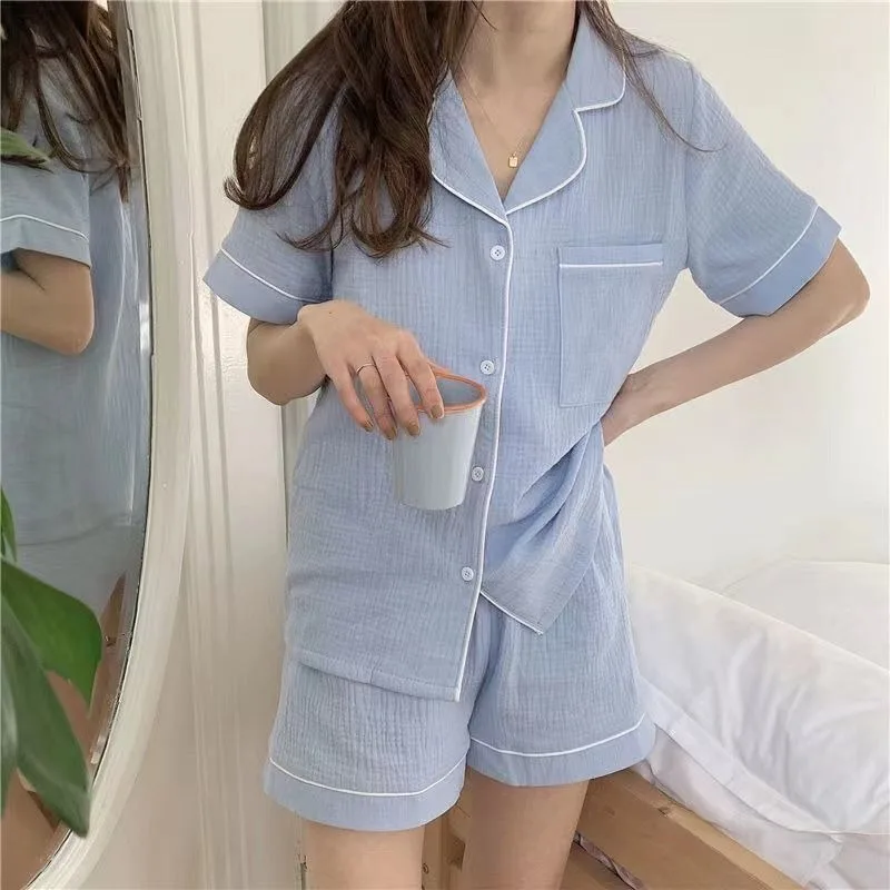 Koreanische Art Frauen Pyjama Shorts Set Tasche Nachtwäsche Pyjama Set 2 Stück Sommer Nachtwäsche Knopf Home Anzug solide Pyjama 2024