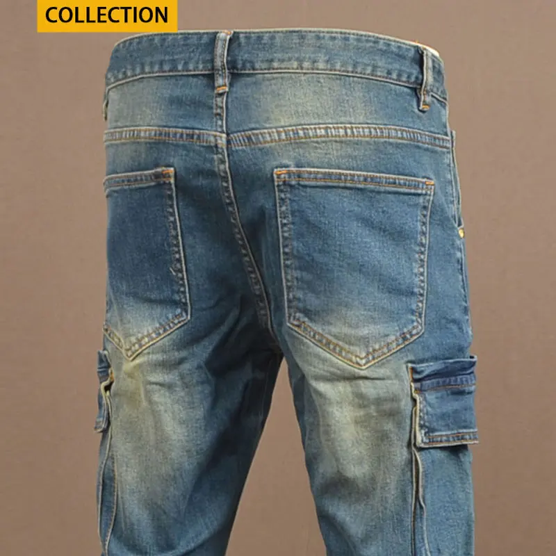 Street Designer Mode Mannen Jeans Retro Blauw Stretch Slim Fit Grote Zak Denim Cargo Broek Mannen Y2K Hip Hop Biker Jeans Homme