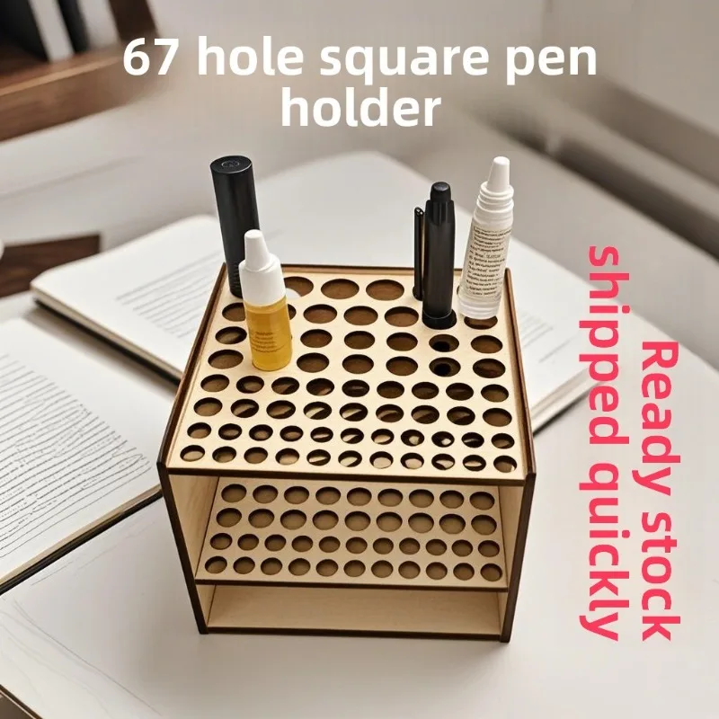 

1PCS 67-Hole Square Pen Holder - Yellowhorn Wood Desk Organizer for Office Home Workspace - Multi-Use Craft Storage Solution