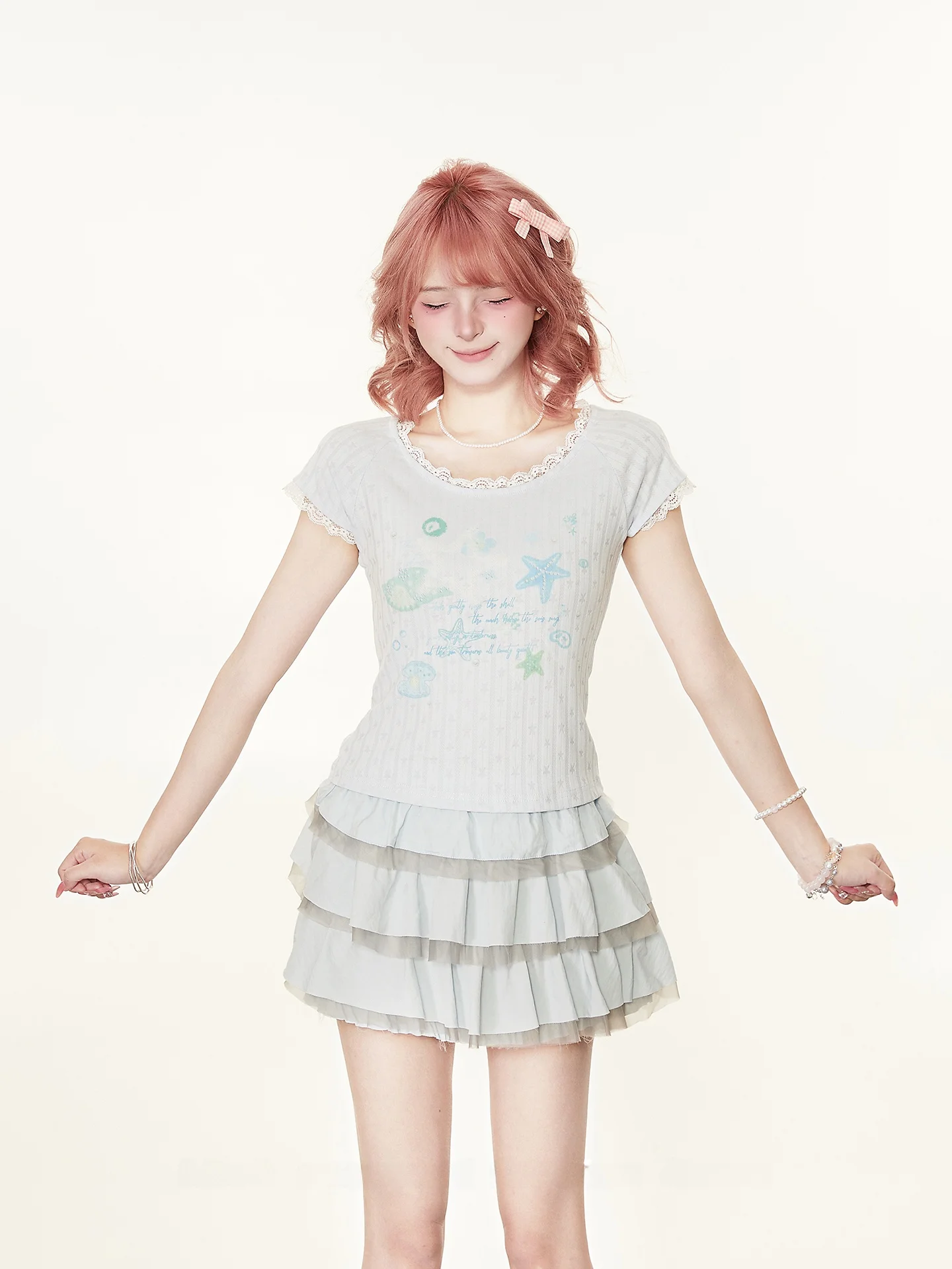 Korean Style Versatile Ocean Print Lace Splice Short Sleeve T-Shirt Women Summer Design Slimming Top Breathable Skin-Friendly