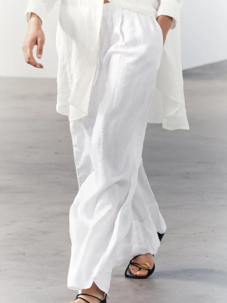 새로운 여름 여성 캐주얼 와이드 레그 팬츠 신축성있는 허리 심플 매치 스트레이트 컷 롱 바지 편안한 패션 통근 스타일