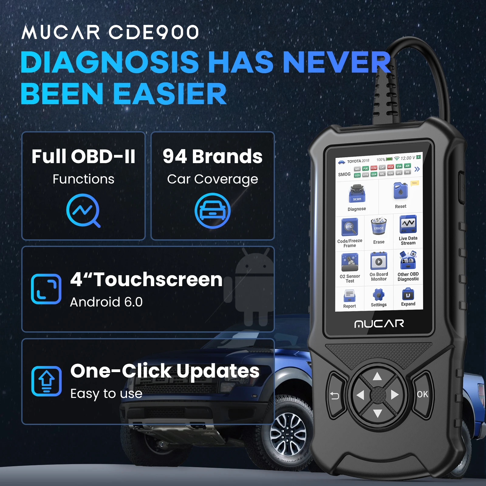 MUCAR CDE900 OBD2 Auto Scanner diagnostic tools with ABS SRS TCM Engine 4 System 28 reset scan tool Code Reader lifetime free