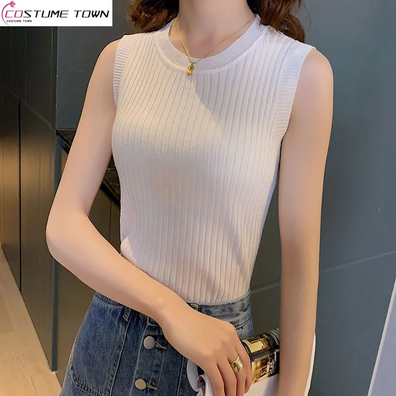 

2023 New Ice Silk Fashion Round Neck Tank Top Women's Summer and Korean Sleeveless Underlay Knit Versatile Top