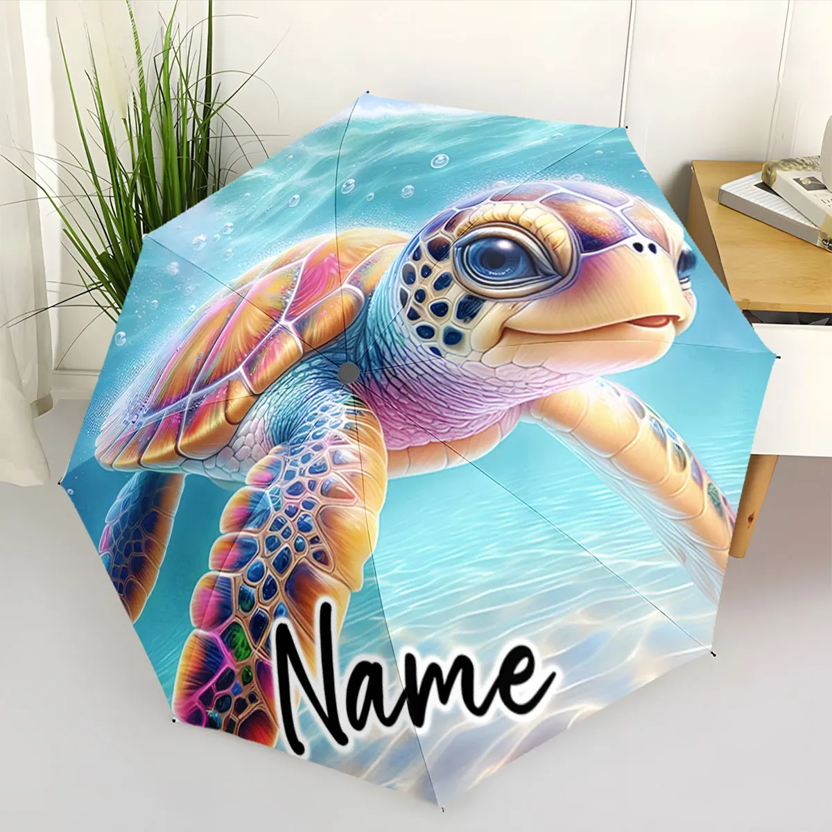 Custom Name Umbrella Colorful Sea Turtle Umbrella Design Print 8 Iron Ribs Folding Umbrella Auto-Open Fashion Sunshade