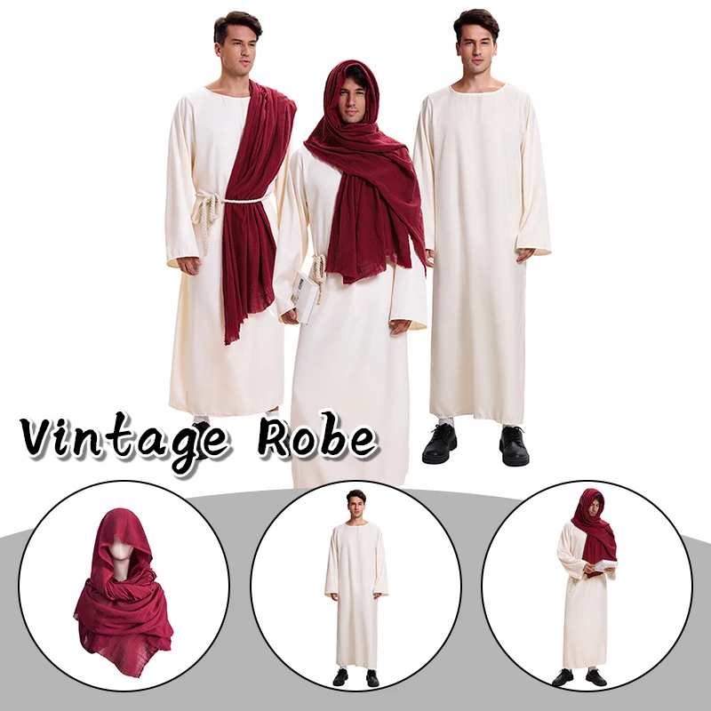 

Белый мужской костюм в древнегреческом и римском стиле, тога, для Хэллоуина, карнавала, вечеринки, маскарада, средневековый косплей, миссионерские робы, арабский платок