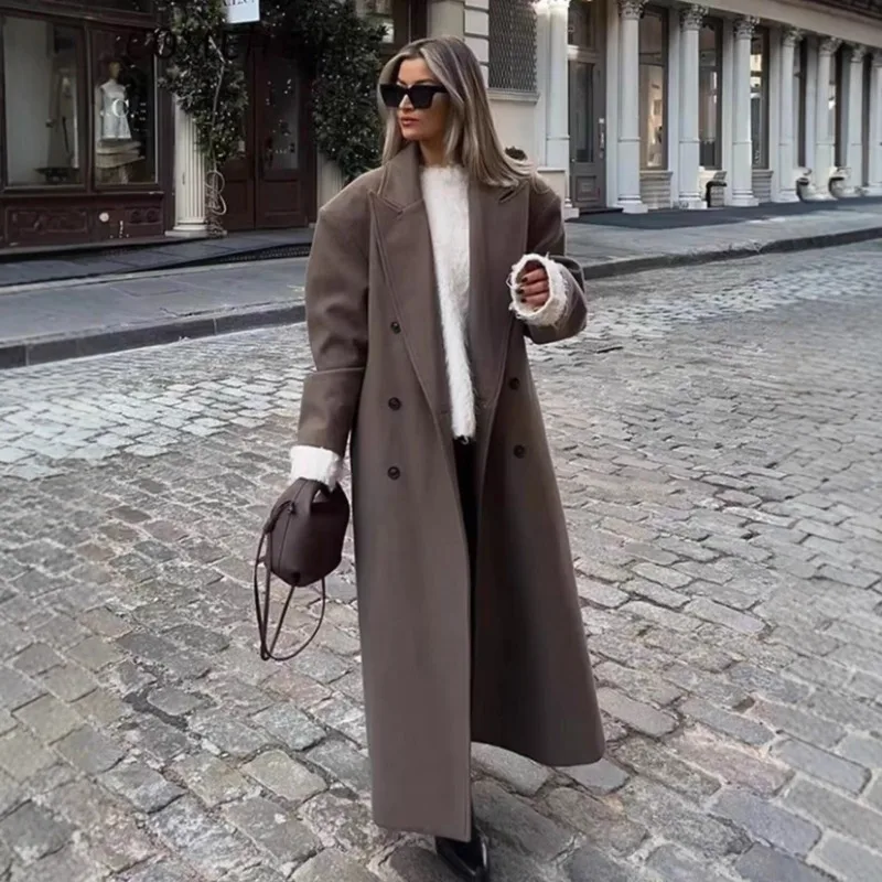 Luxuriöser Doppelreihiger Maxi-Wollmantel Hochwertiger Trenchcoat Damenmäntel Übergroße Lose Streetwear-Jacke mit Revers und Langen Ärmeln