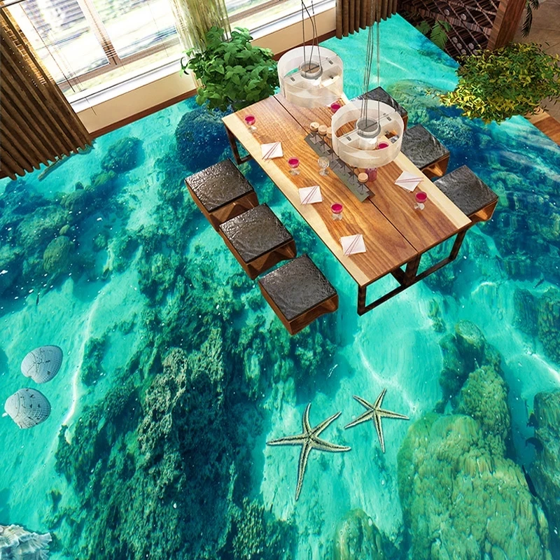Custom 3D Photo Floor Self Adhesive Wallpaper Underwater World Toilet Bathroom Bedroom Floor Mural Waterproof Wallpaper 3D