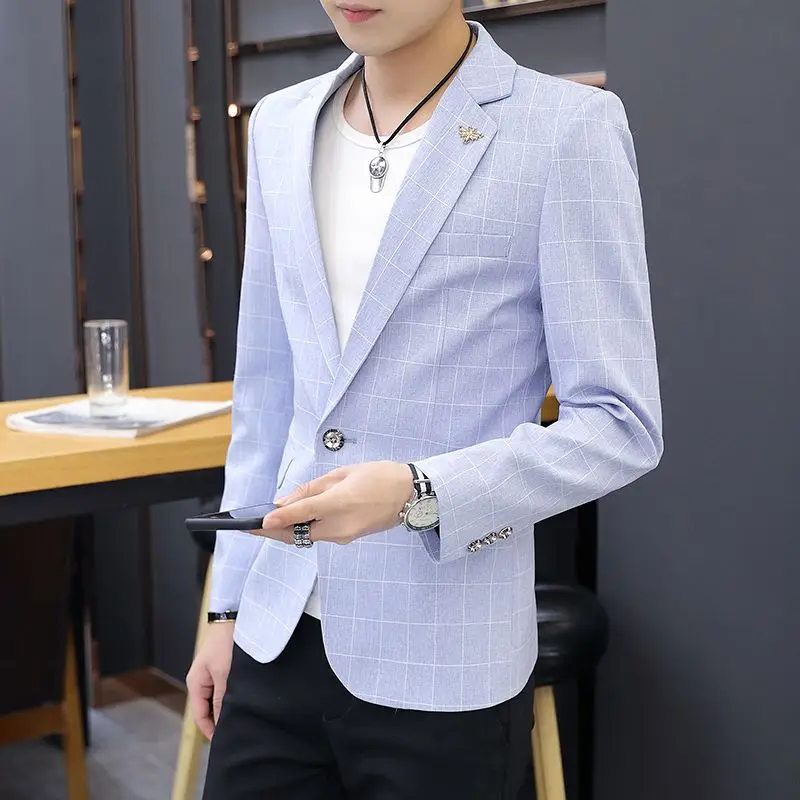 Blue Plaid Man Suits And Blazers Thin Slim Fit Jacket For Men Korean Style Clothes Clothing Coats Youthful Emo Spring Classic