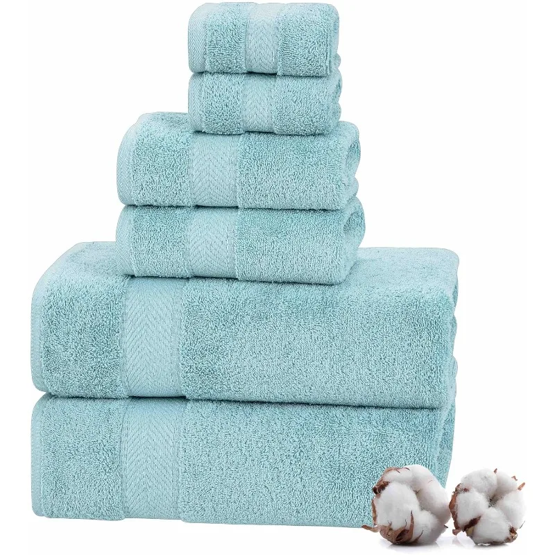 100% Turkish Cotton 6 Pcs Luxury Bath Towel Set, Soft & Absorbent Towels for Bathroom (2 Bath, 2 Hand, 2 Washcloths) - Aqua