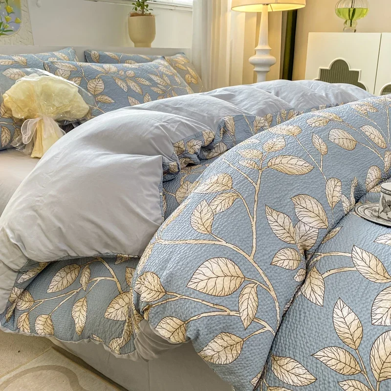 Nordic Simple Leaves Duvet Cover Bedding Set Flat Sheet Pillowcases Fashion Twin Double Queen Size Bed Linen Soft Boys Girls