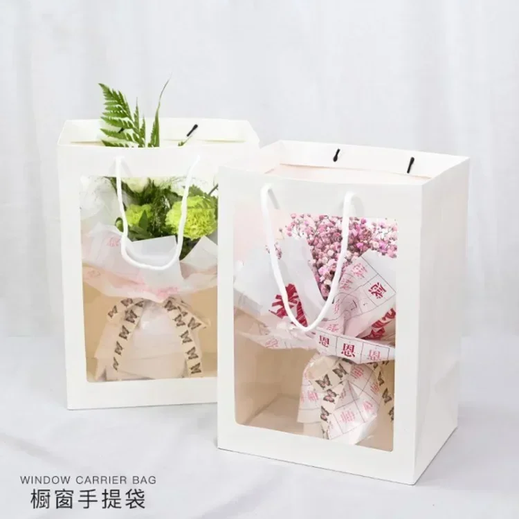 10pcs Single Side Transparent Holiday Gift Handbag Flower Bouquet, Fresh Flowers, Gift Packaging Bag Hand Carrying Gift Handbag