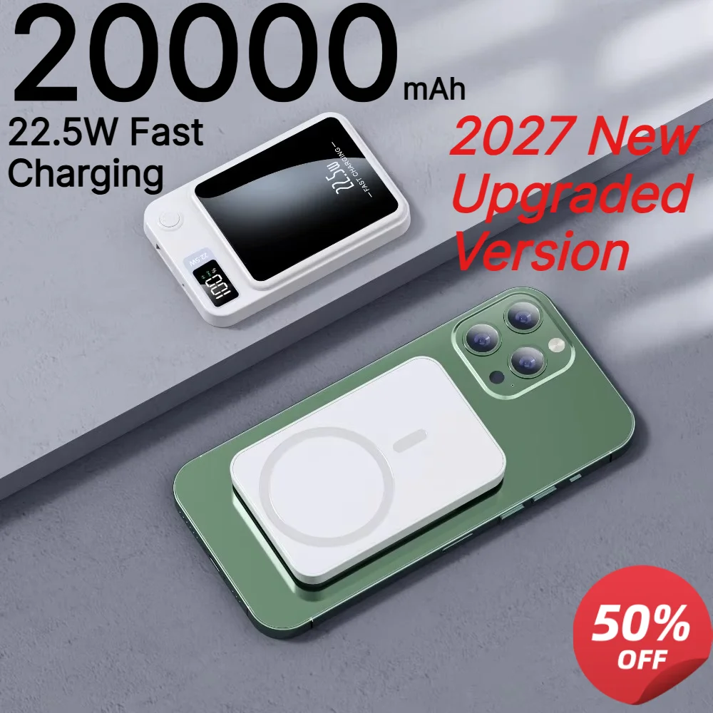 New Magnetic Wireless Power Bank 20000mAh Ultra Slim Design, Super Fast Charging Portable External Mobile Battery for Phones