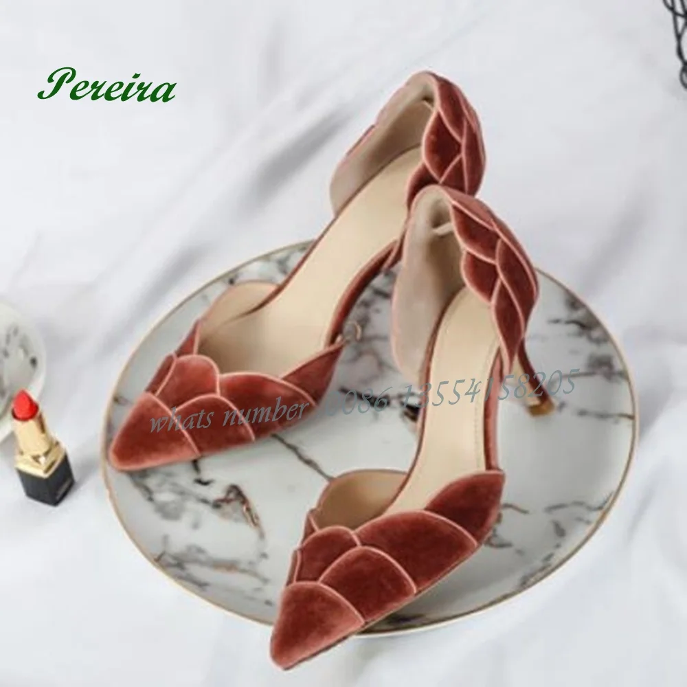 Petal Velvet Stiletto Wedding Shoes Women's Comfortable Pointed Toe Kitten Heels Pumps Shallow 2023 New Side Air Summer Party