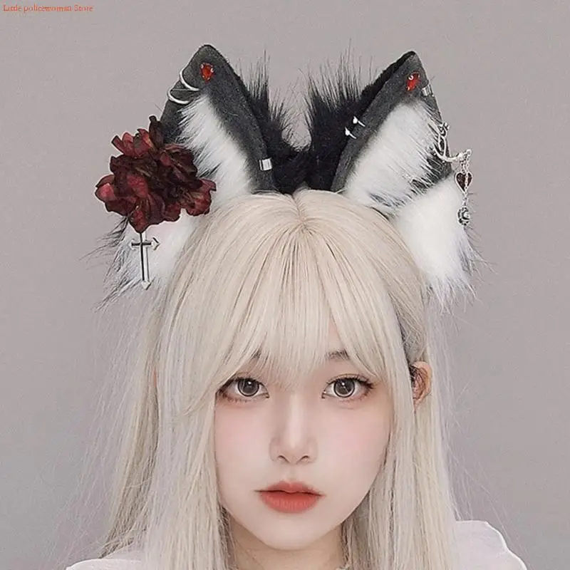 F92D Cartoon Wolf Ear Hair Hoop with Flower&Earring Decors Hair Holder Party Headwear