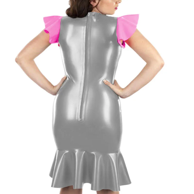 Plus Size Cute Flying Sleeve Ladies' Fishtail Hem Dress Sexy U-neck Vestido Shiny Patent Leather Shaping Bag Hip Attire Clubwear