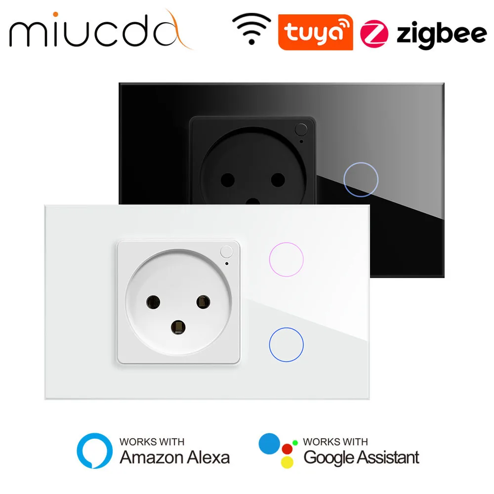 MIUCDA Tuya WiFi/ZigBee inteligentny przełącznik i gniazdo izrael standardowy 1/2 przyciski szklany panel przełącznik ścienny współpracuje z Alexa Google Home