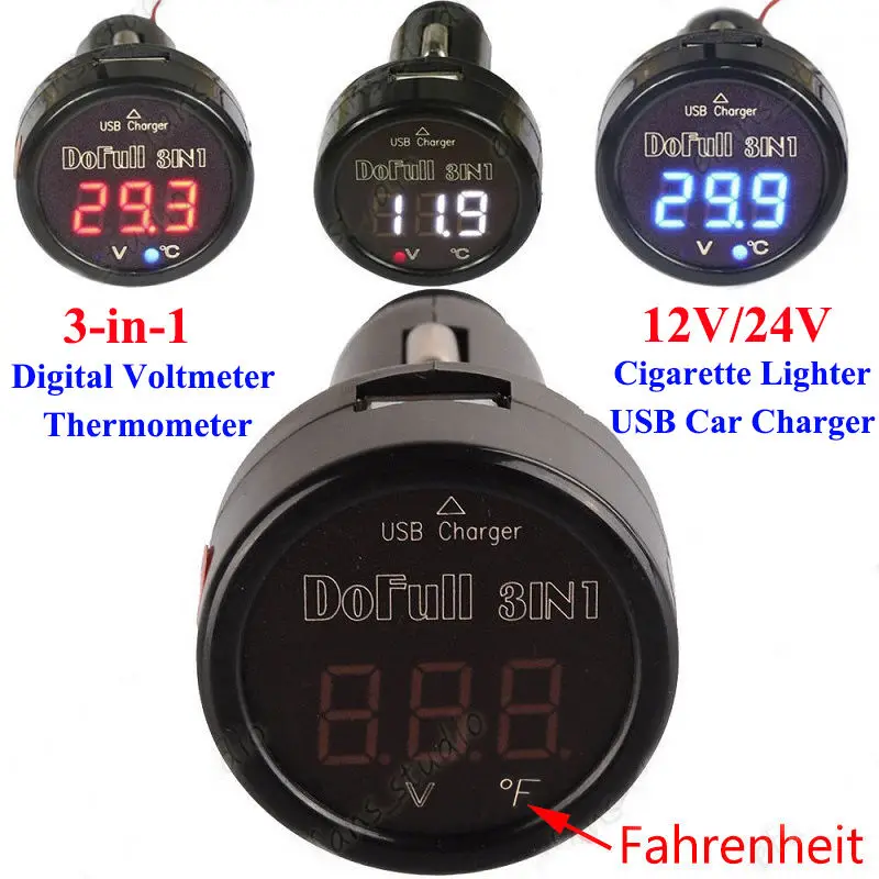 3in1 12V 24V USB Charger Digital Car Battery Voltage Voltmeter Temperature Meter Monitor Battery Car Cigarette Lighter