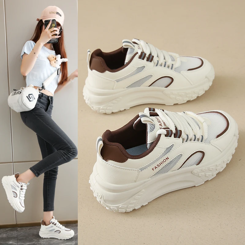 

2025 New Summer Women's Translucent Breathable Mesh Lace Up Chunky Platform Sneakers Lightweight Casual Shoes