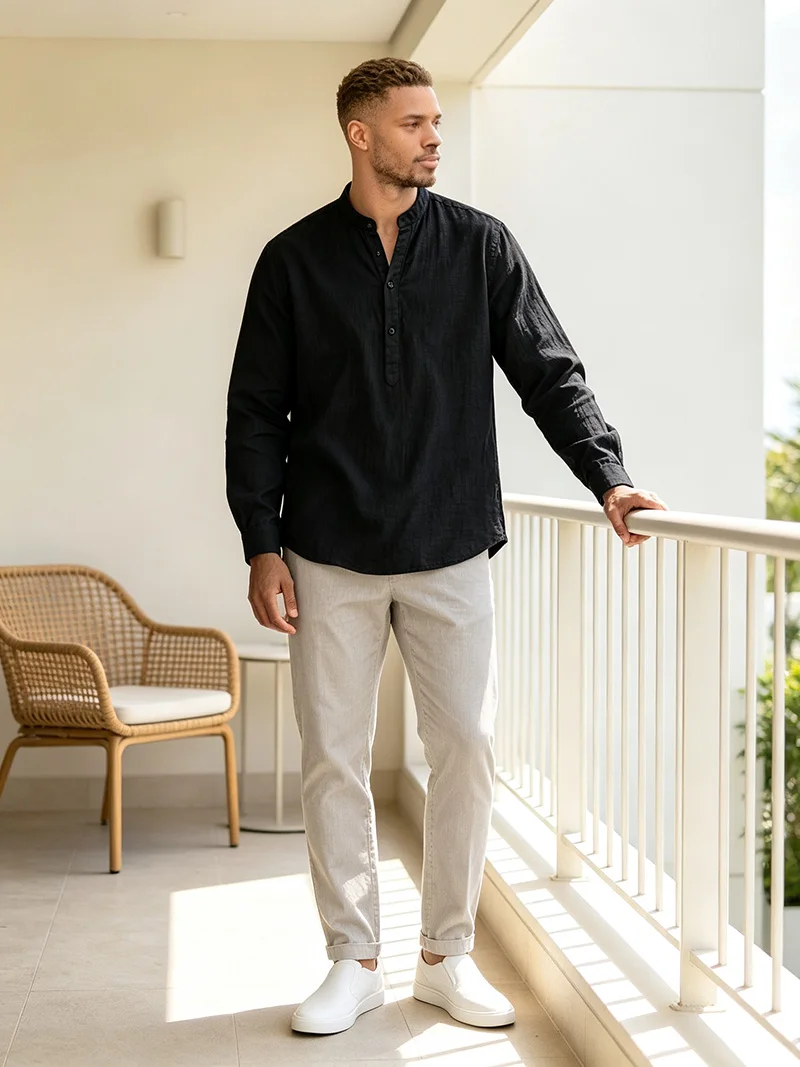 Herren Sommer Leinen Kurzarm Henley-Shirt mit Stehkragen, entspannte Passform, atmungsaktiv, leicht, lässiges Oberteil für den Alltag. – Detail 14