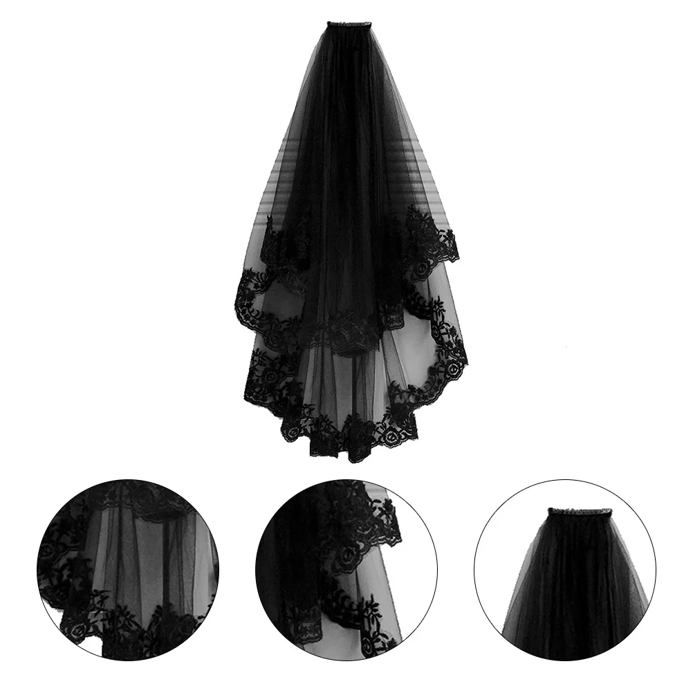 Short Lace Veil Black Halloween Witch Headwear Costume Party Accessories Women Polyester Hair Comb Headpiece Dark Elegant