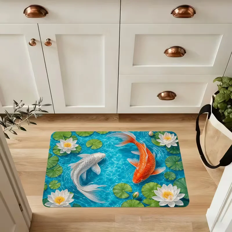 Koi Fish Lotus Doormat Lucky Carp Water Lily Pattern Entrance Rug Oriental Style Home Decor Carpet for Front Door Kitchen