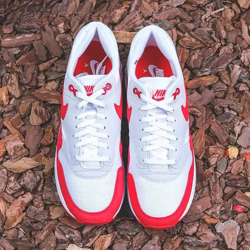 حذاء الجري Nike Air Max 1 '87 للرجال والنساء، غير قابل للانزلاق ومقاوم للاهتراء، حذاء جري كاجوال منخفض الرمادي المحمر