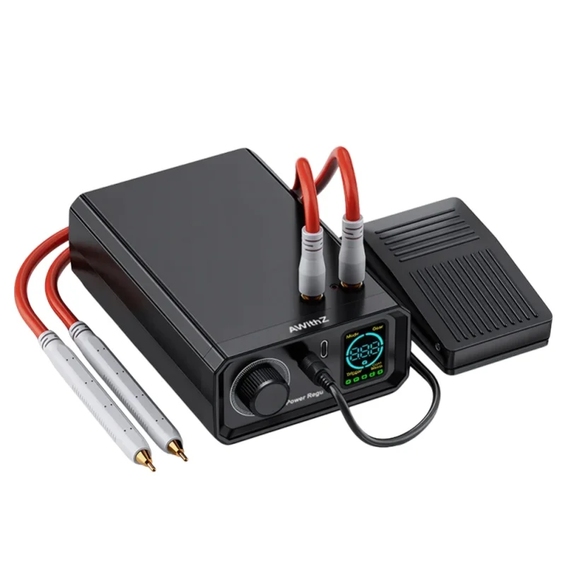 Zgrzewarka punktowa Podofo z systemem Dual-Pulse, 9000W, przenośna, z pedałem, wyświetlacz LCD, pedał nożny, wymienne elektrody WP110, tryby automatyczny/ręczny, narzędzie do napraw domowych. — 2
