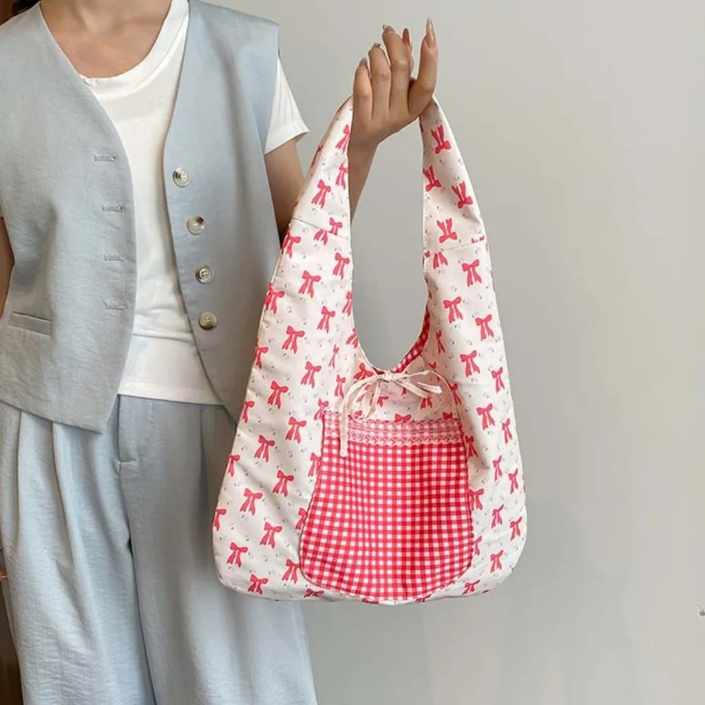 Sweet Double-sided Shoulder Bag Korean Style Lace Decoration Women Bow Printed Handbag Large Capacity Polyester