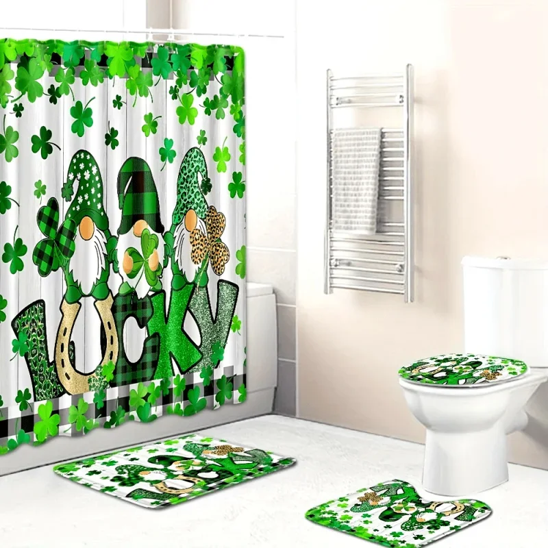 4pcs Clover Gnome Printed Shower Curtain Set, Waterproof Shower Curtain With 12 Hooks, Non-Slip Bathroom Rug, Toilet U-Shape M