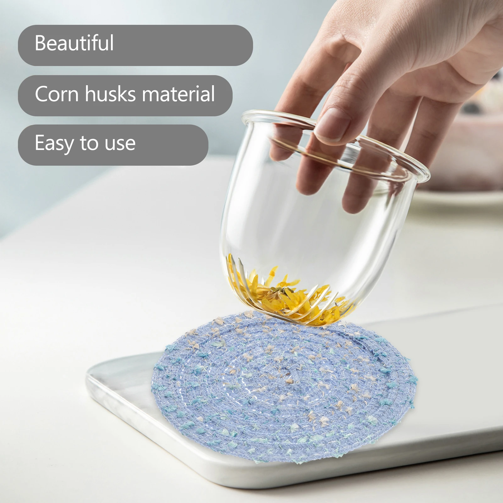 

4pcs Woven Coasters Set Absorbent Braided Placemats Coffee Table Mats Blue Teacup Coasters Water Resistant Drink Coaster Dining