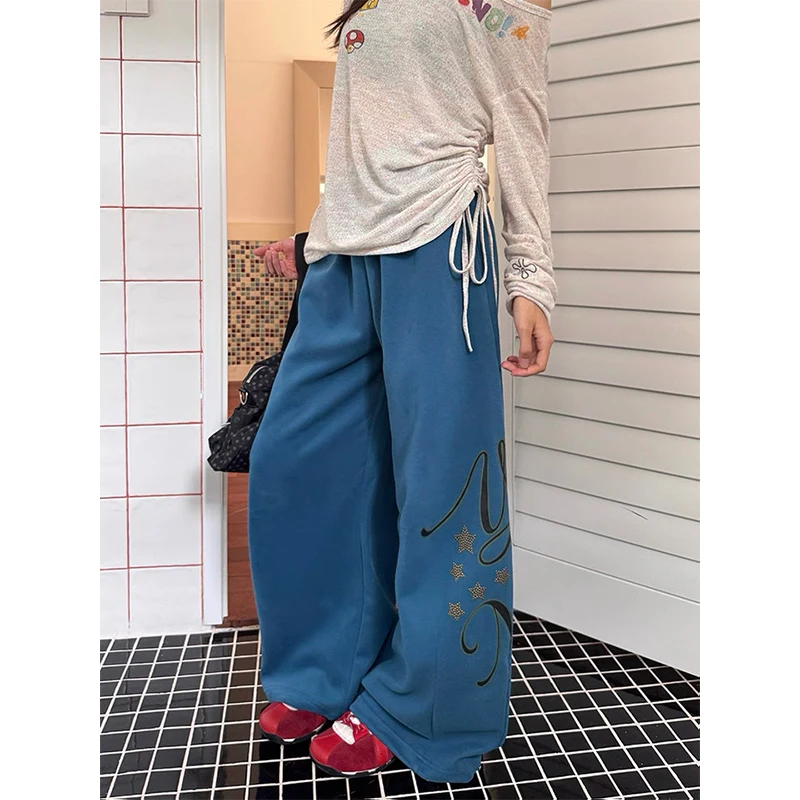 سراويل نسائية رمادية فضفاضة المظلة الخريف Sweatpants مع شريط مرن Harajuku اليابانية 2000s نمط Y2k خمر بنطلون الملابس